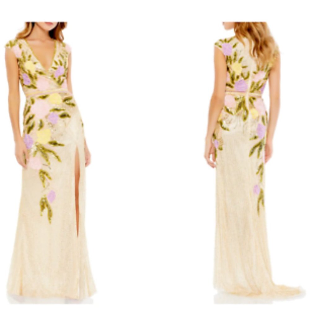 MAC DUGGAL FLORAL SEQUIN THIGH SLIT NUDE MULTI COLOR GOWN sz 2